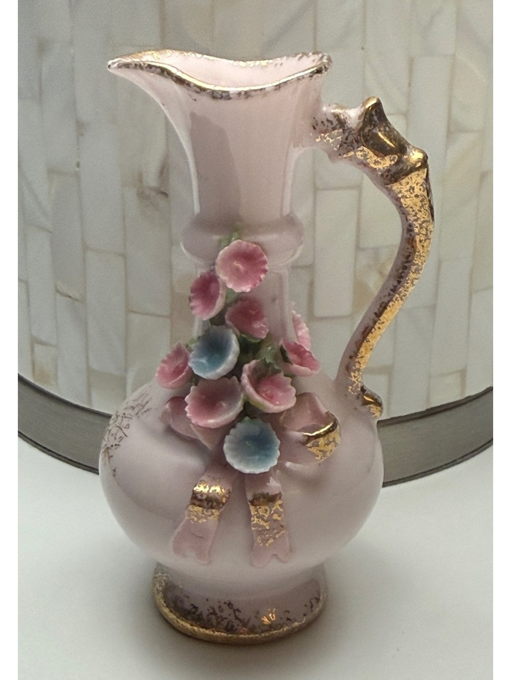 Vintage Lefton China Pink Floral Pitcher Vase Hand Painted Japan 4”